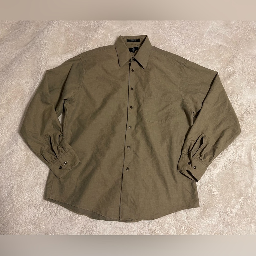 Calvin Klein Mens Green Button Down Shirt 100% Cotton Front Size 16 34/35